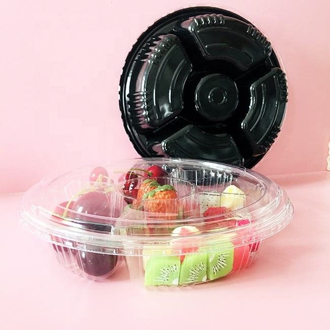 Disposable 5 Compartments Round Shape Plastic Tray With Lid for Fruit