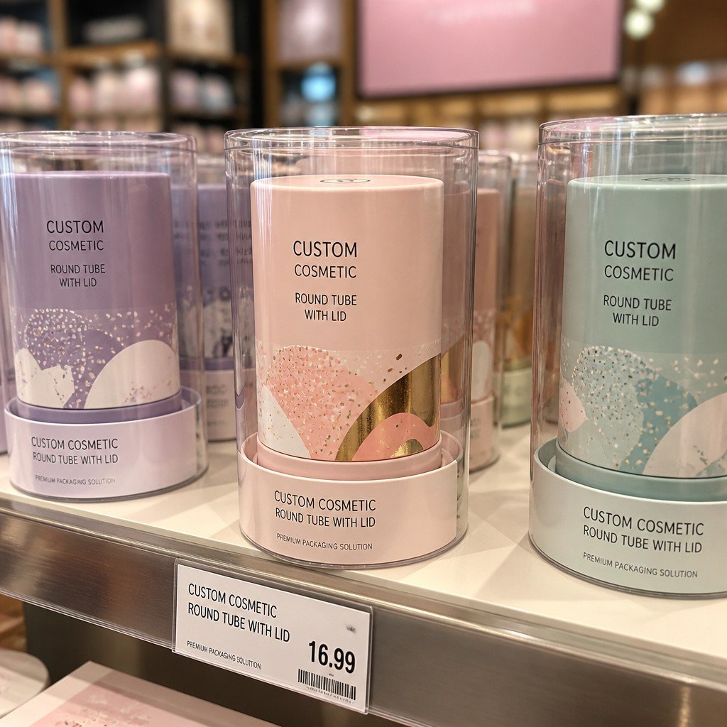 round tube packaging on retail display shelf