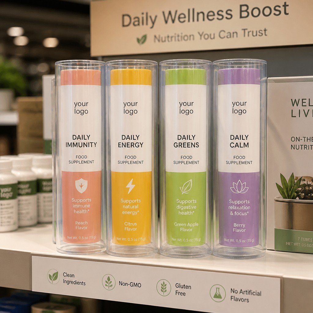 round tube packaging on retail display shelf