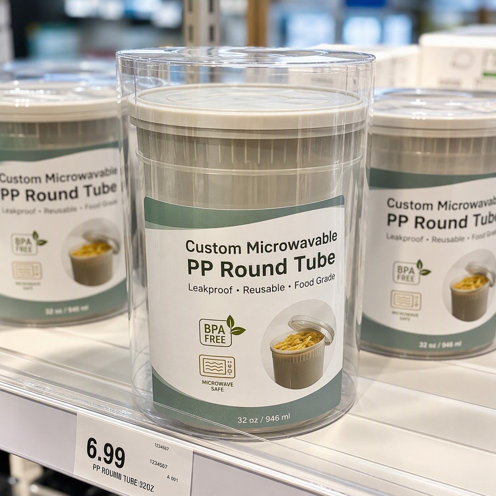 round tube packaging on retail display shelf