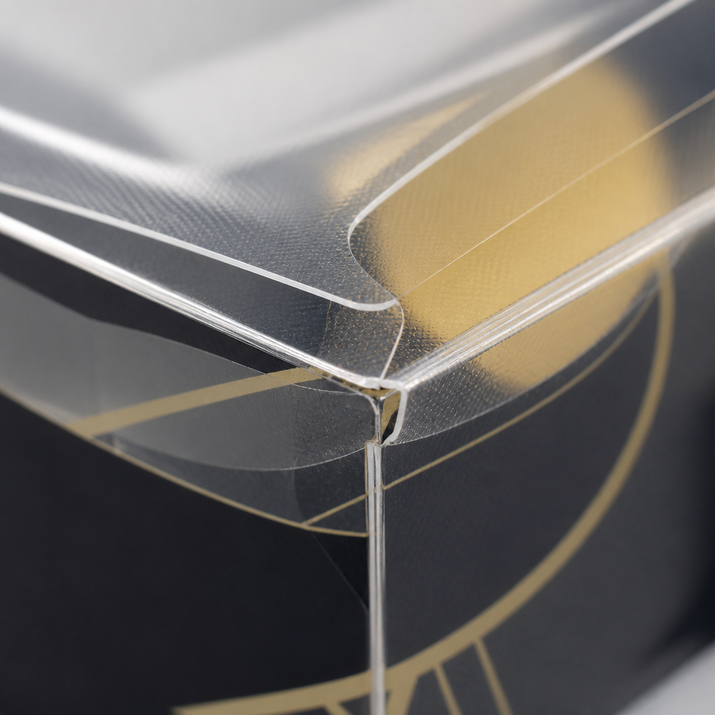 die cut crease detail on transparent plastic box
