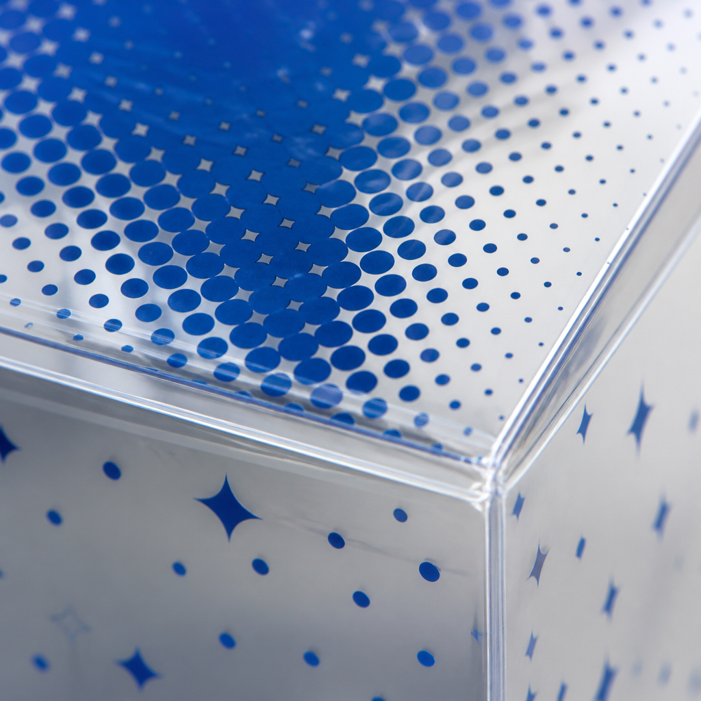 die cut crease detail on transparent plastic box