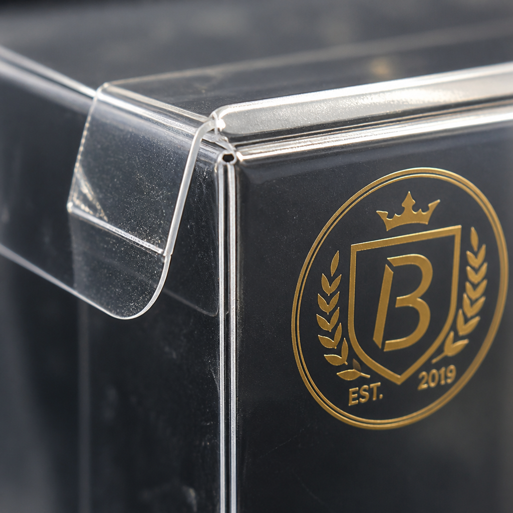 die cut crease detail on transparent plastic box
