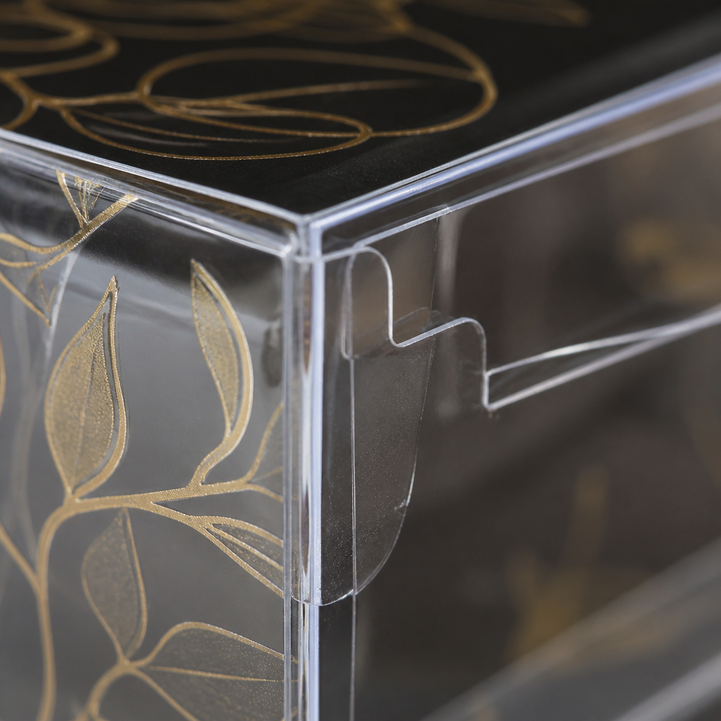 die cut crease detail on transparent plastic box