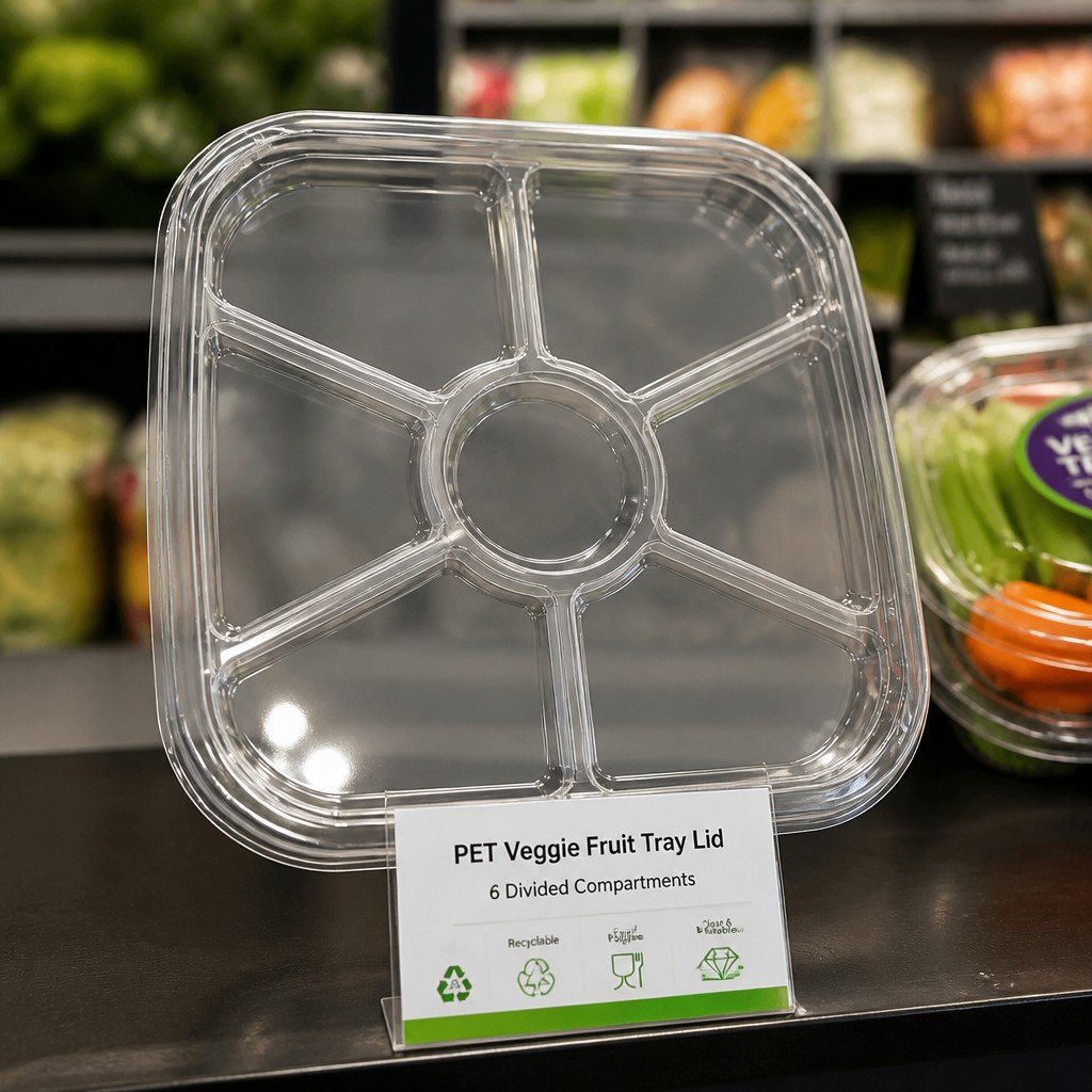 PET Veggie Fruit Tray Lid with 6 Divided Compartments