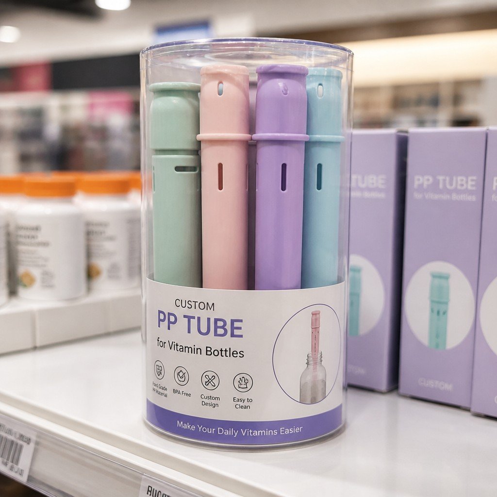 round tube packaging on retail display shelf