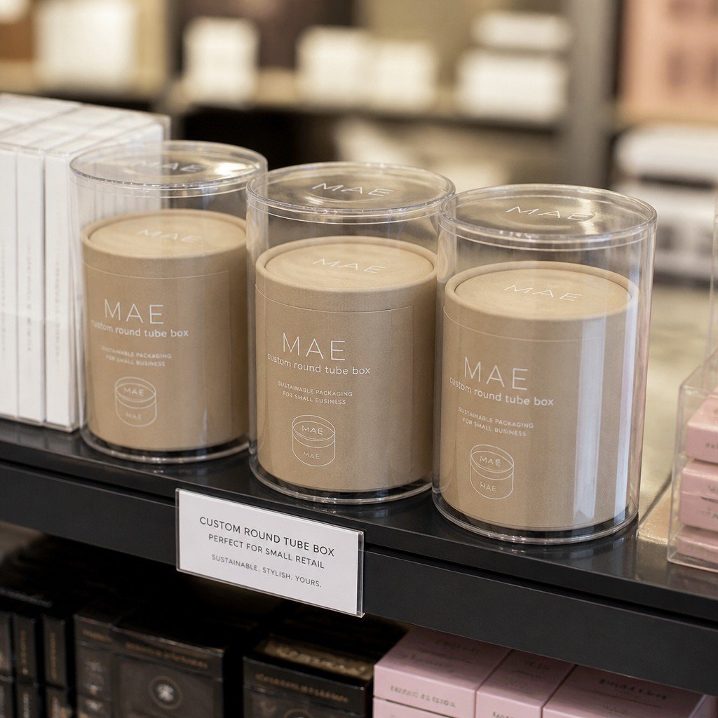 round tube packaging on retail display shelf